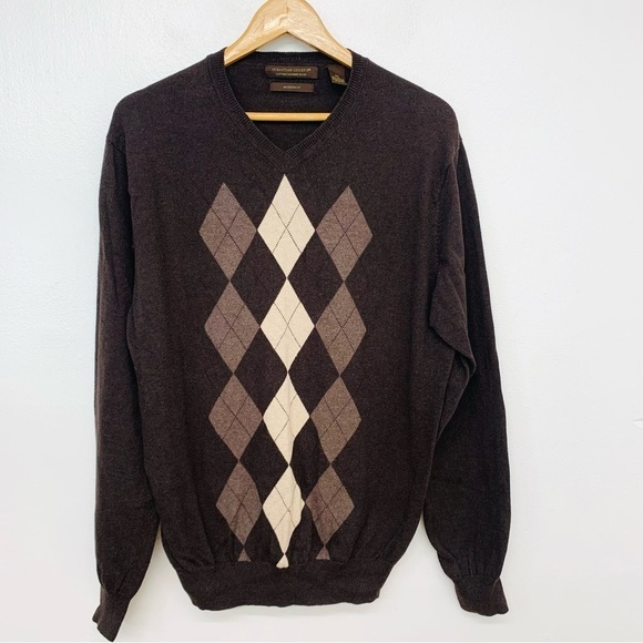 Sebastian Cooper Argyle Sweater Men XL  Cotton Cashmere V Neck Brown Long Sleeve - Picture 1 of 10